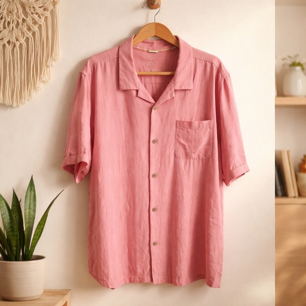 Tommy Bahama Mens Pink Silk Tropical Leaf Print Baroque Button Up Camp Shirt XXL
